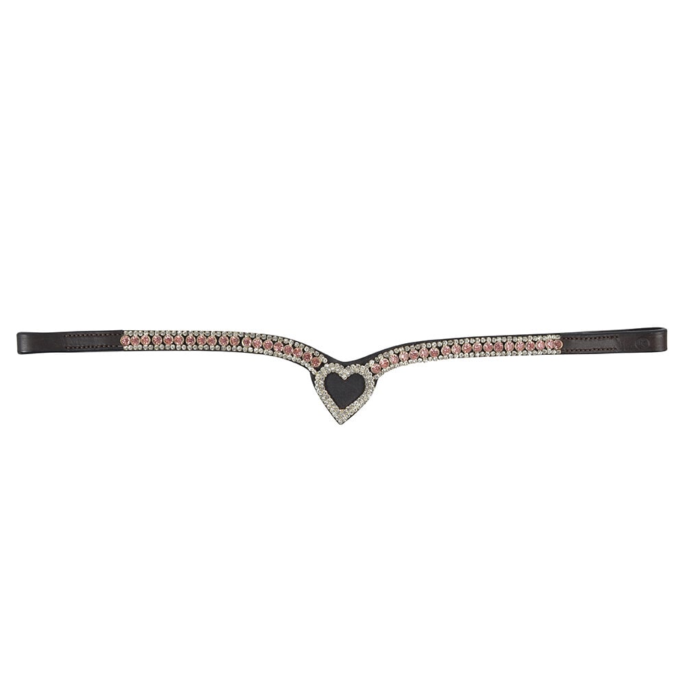 Ett brunt, V-format läderpannband dekorerat med två rader kristaller, där den inre är rosa, och ett kristallkantat hjärta i mitten.
