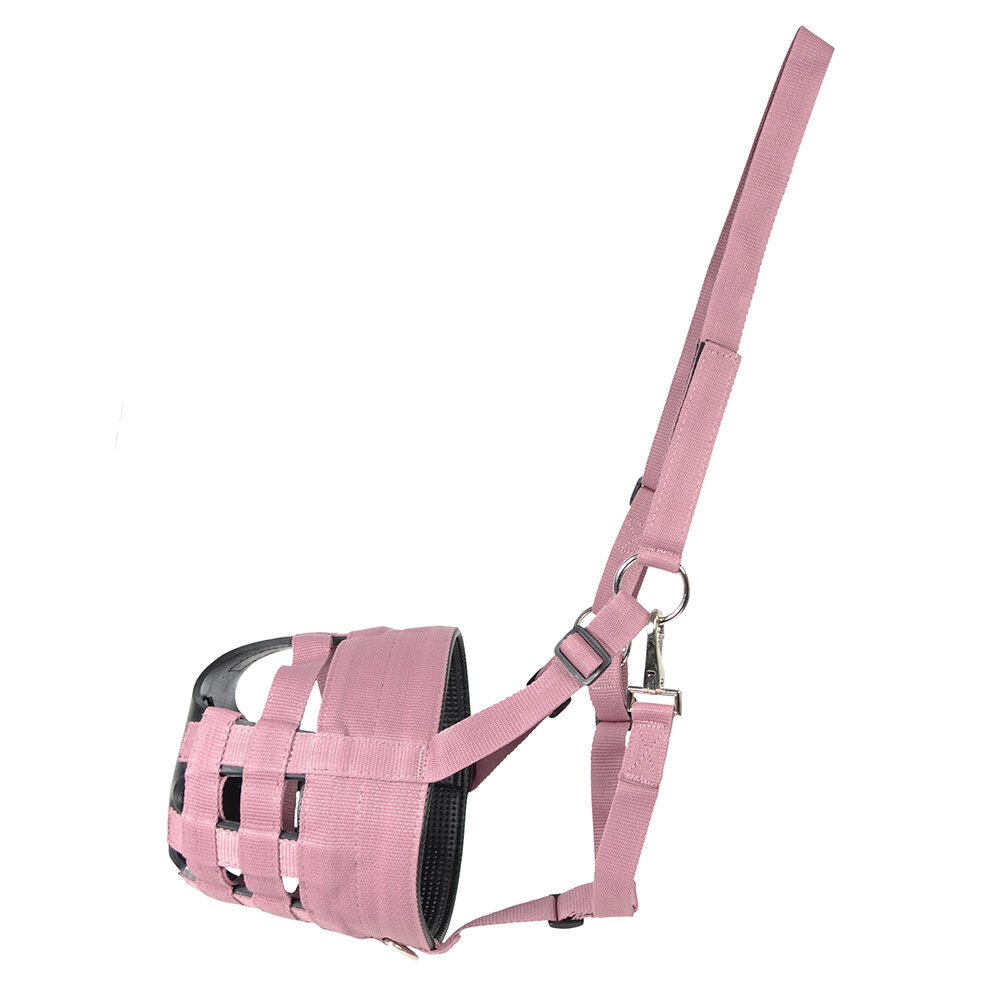 En rosa nätmunkorg med justerbara nylonremmar och en karbinhake.